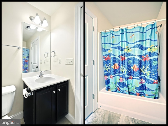 full bathroom with toilet, shower / bath combination with curtain, and vanity