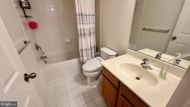 full bathroom with shower / bath combo, toilet, tile patterned floors, and vanity