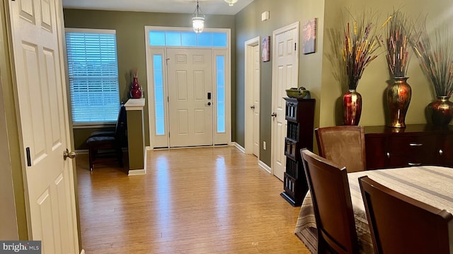 foyer with a healthy amount of sunlight and light hardwood / wood-style flooring