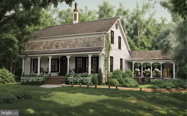 view of front of house featuring a porch and a front yard