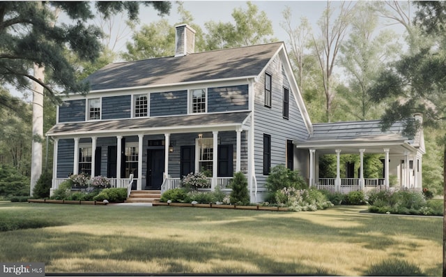 view of front of property featuring covered porch and a front lawn