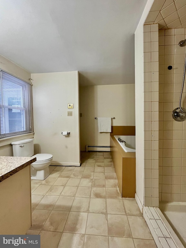 full bathroom featuring baseboard heating, tile patterned floors, vanity, and separate shower and tub