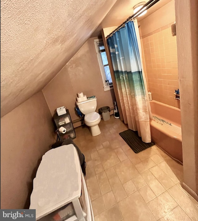 bathroom featuring lofted ceiling, toilet, shower / bath combination with curtain, and a textured ceiling