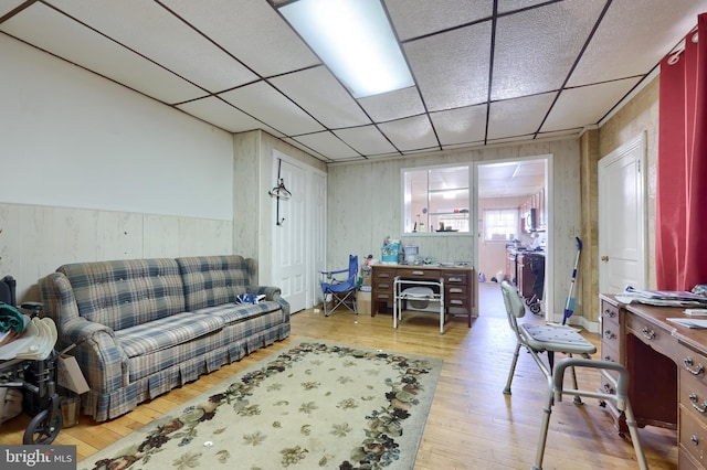 living room featuring a drop ceiling and light hardwood / wood-style flooring