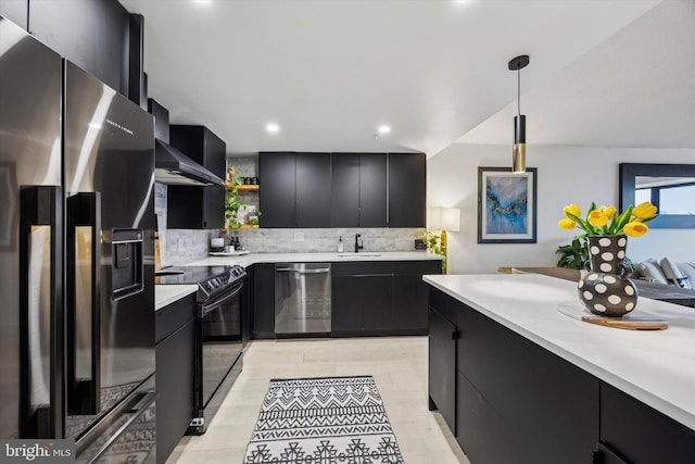 kitchen featuring backsplash, dishwasher, black electric range, hanging light fixtures, and fridge with ice dispenser