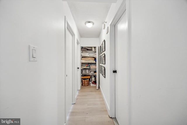 hall with a textured ceiling and light wood-type flooring