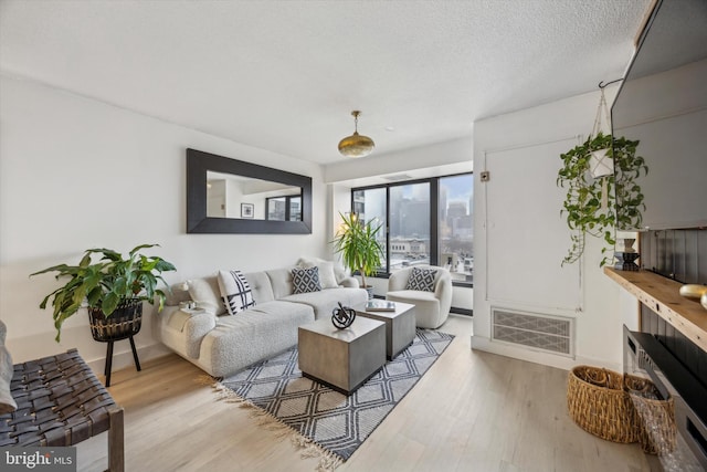 living room featuring a textured ceiling and light wood-type flooring