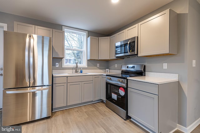 kitchen with stainless steel appliances, sink, light wood-type flooring, and gray cabinets