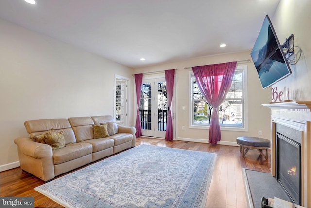 living room featuring wood-type flooring and french doors