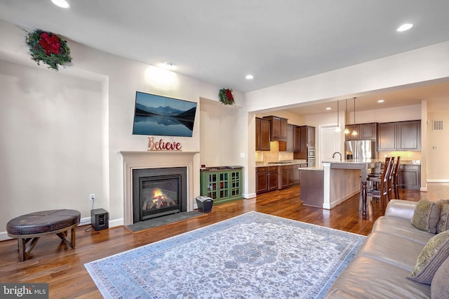 living room with dark wood-type flooring and sink