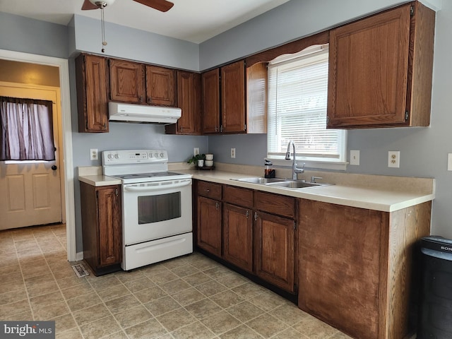 kitchen with electric stove, ceiling fan, and sink