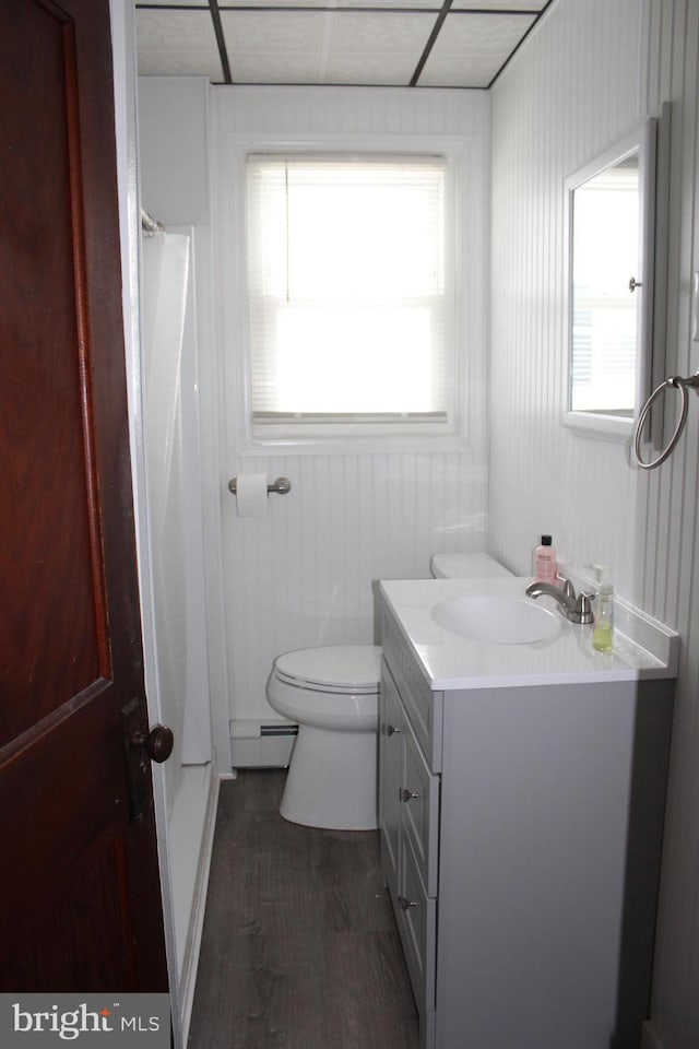 bathroom with hardwood / wood-style flooring, a baseboard radiator, toilet, and vanity