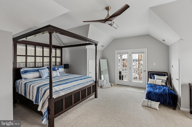 bedroom with ceiling fan, light colored carpet, access to exterior, and vaulted ceiling