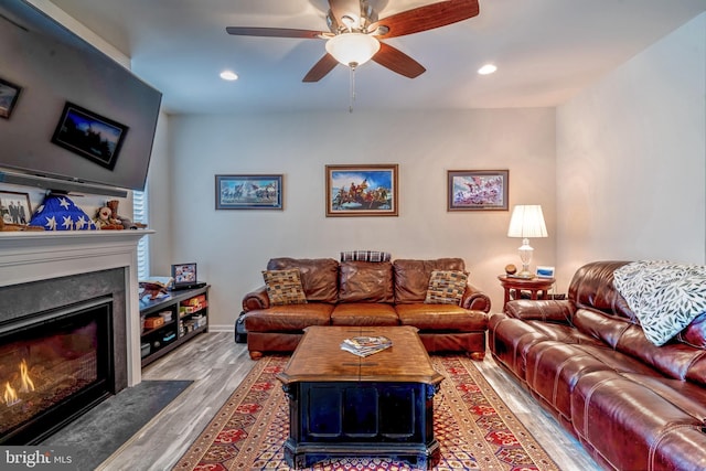 living room with hardwood / wood-style flooring and ceiling fan