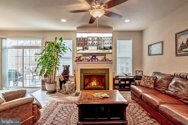 living room featuring ceiling fan and hardwood / wood-style floors