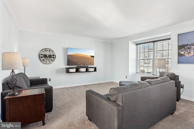 living room featuring light colored carpet and ornamental molding