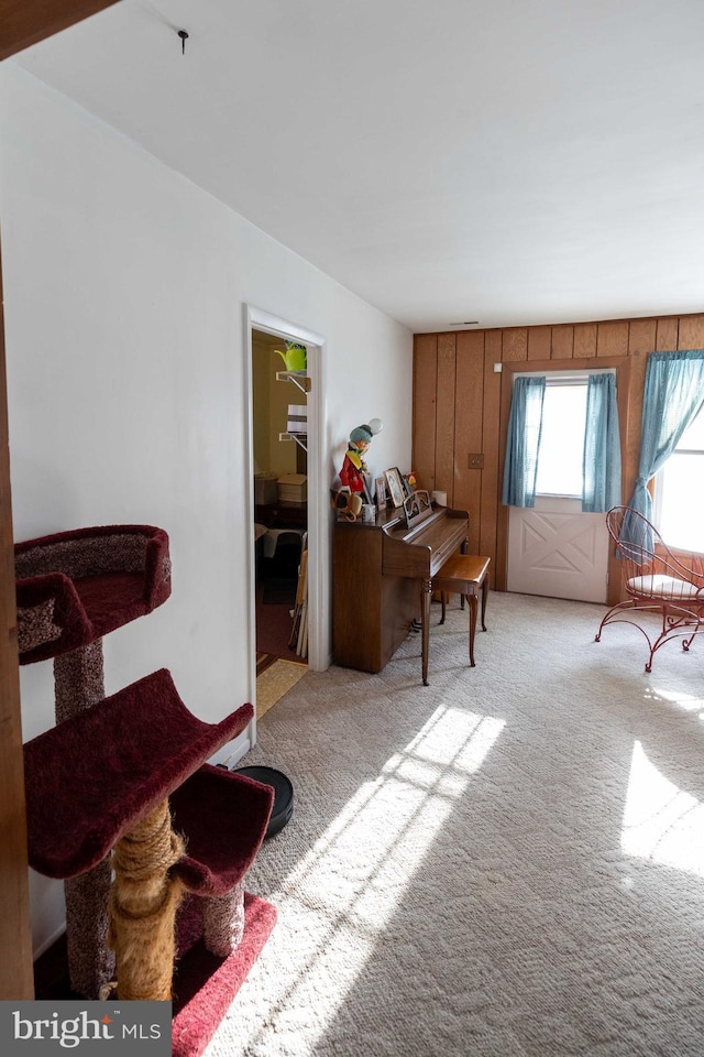 living area featuring light carpet