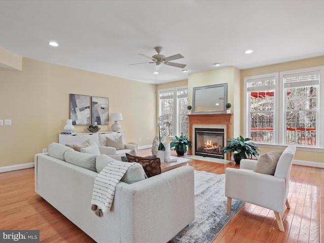 living room with ceiling fan and light hardwood / wood-style floors