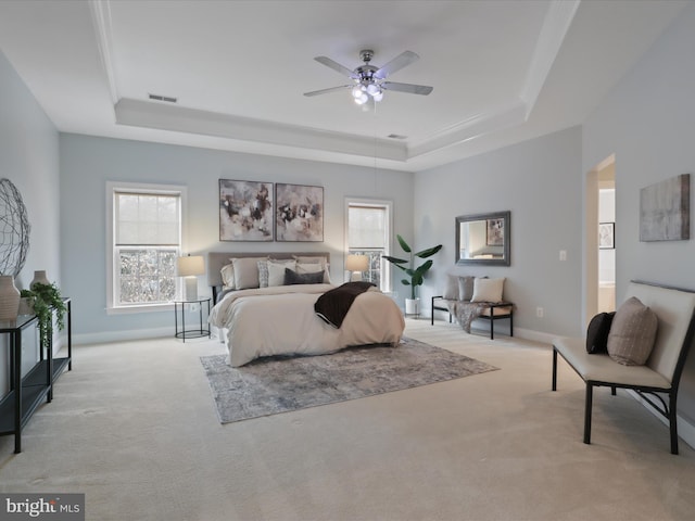 bedroom featuring a raised ceiling and light carpet