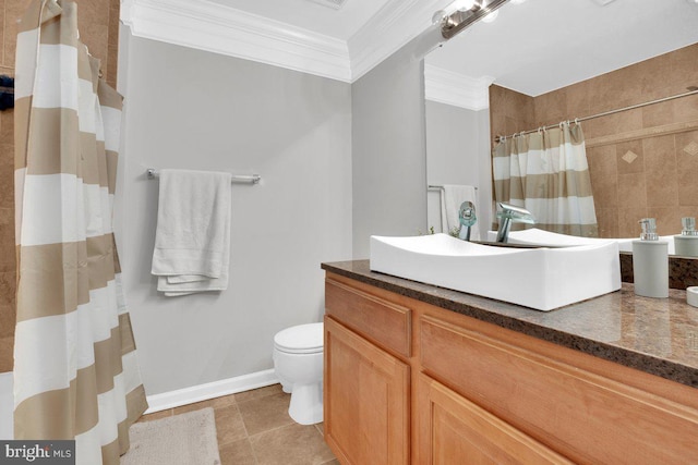 bathroom with tile patterned flooring, vanity, toilet, crown molding, and a shower with curtain