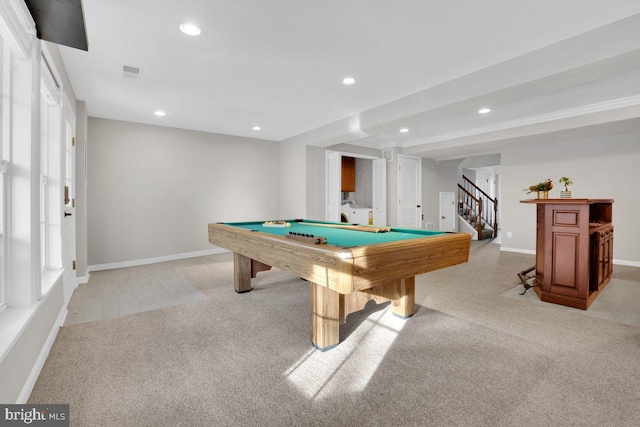 game room with plenty of natural light, pool table, light colored carpet, and washer and clothes dryer