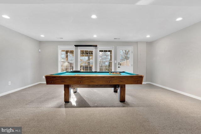 recreation room featuring pool table and light carpet