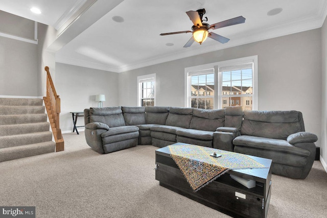 living room featuring crown molding, ceiling fan, and carpet flooring