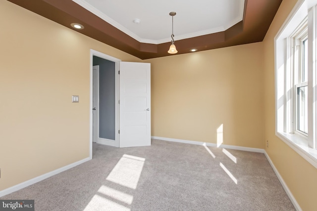 carpeted spare room featuring ornamental molding and a tray ceiling