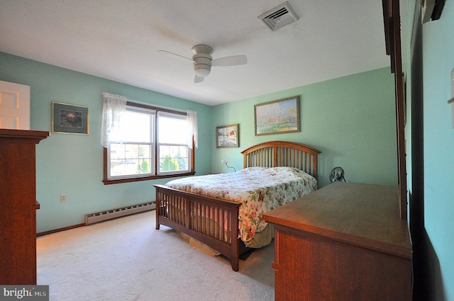 carpeted bedroom with ceiling fan and baseboard heating