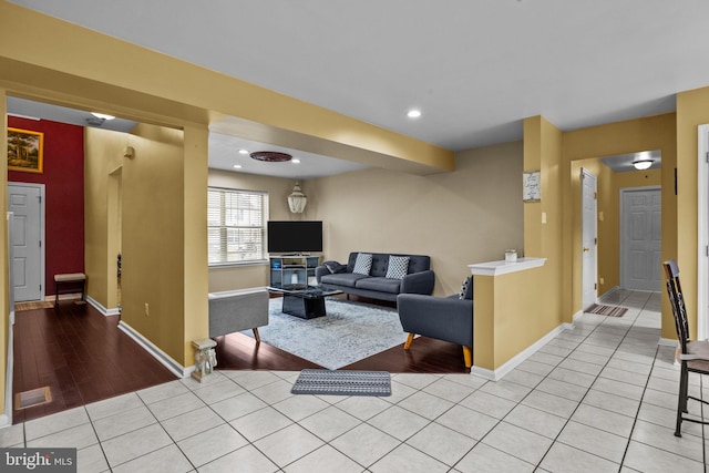 living room featuring light tile patterned floors