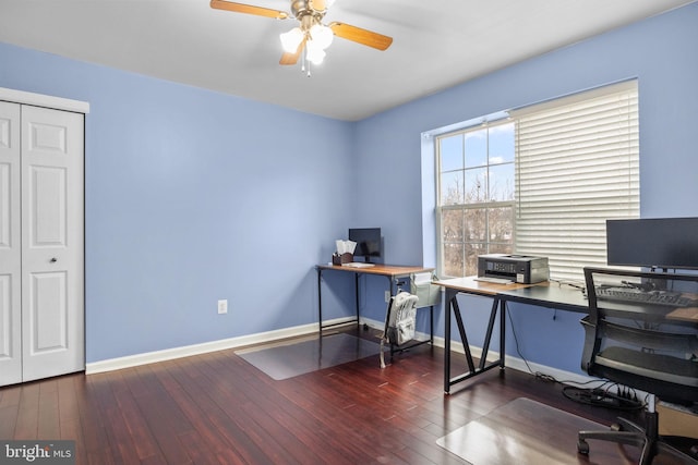 office space featuring ceiling fan and dark hardwood / wood-style floors