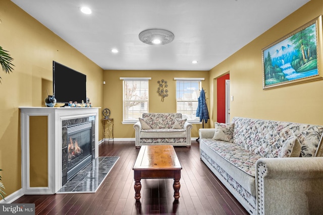 living room with dark wood-type flooring and a premium fireplace