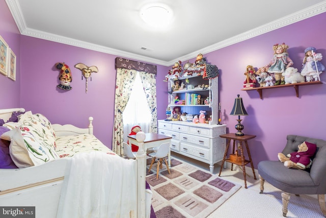 carpeted bedroom with crown molding