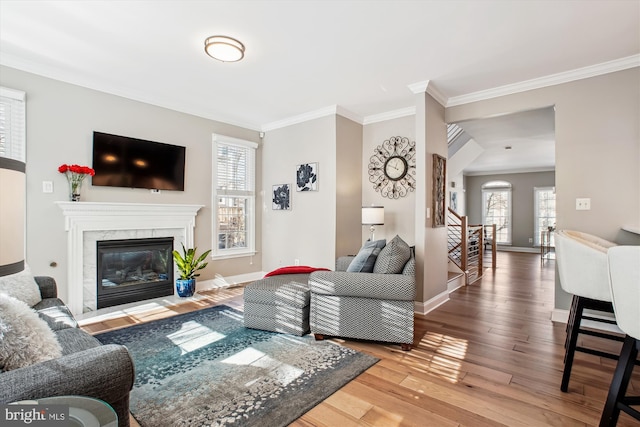 living room featuring hardwood / wood-style flooring, ornamental molding, and a premium fireplace