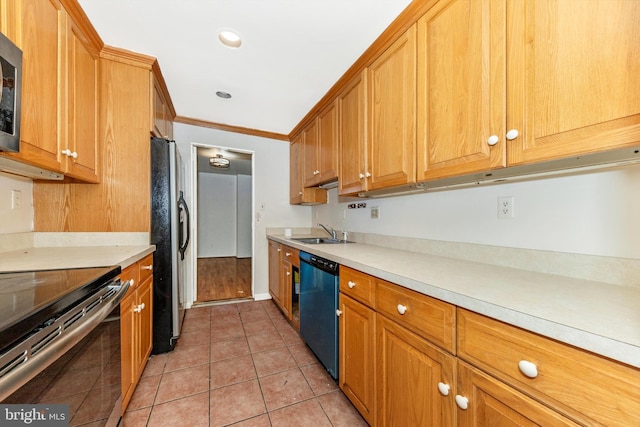 kitchen with light tile patterned floors, appliances with stainless steel finishes, crown molding, and sink