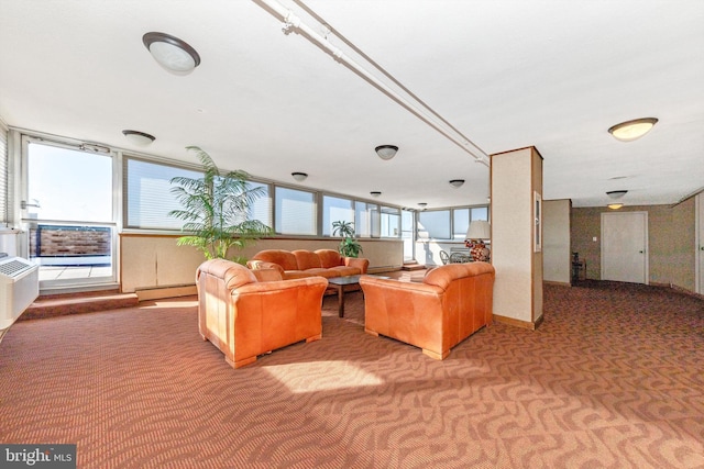 unfurnished living room featuring light carpet and a baseboard radiator