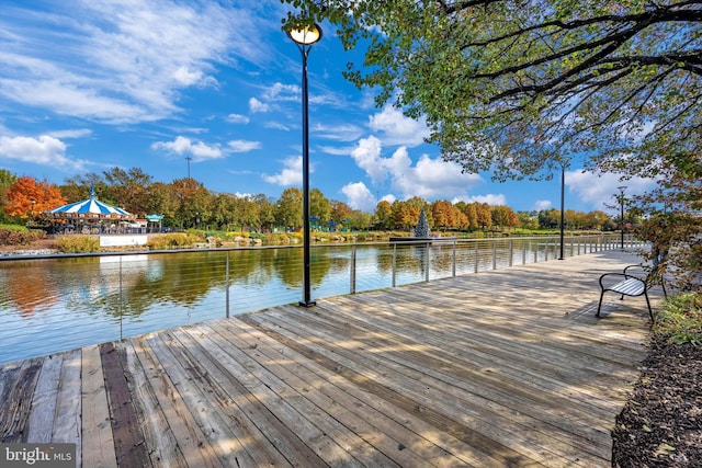 view of dock with a water view