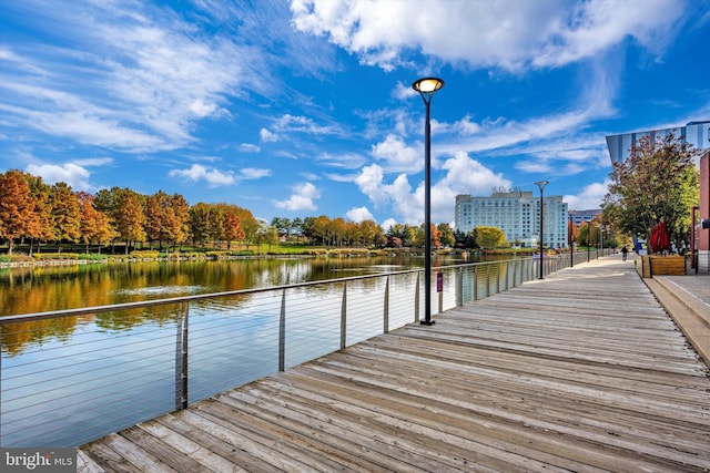 view of dock with a water view