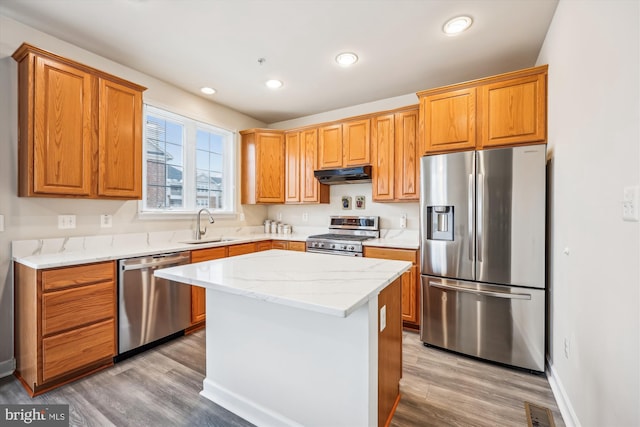 kitchen with sink, light wood-type flooring, stainless steel appliances, and a kitchen island