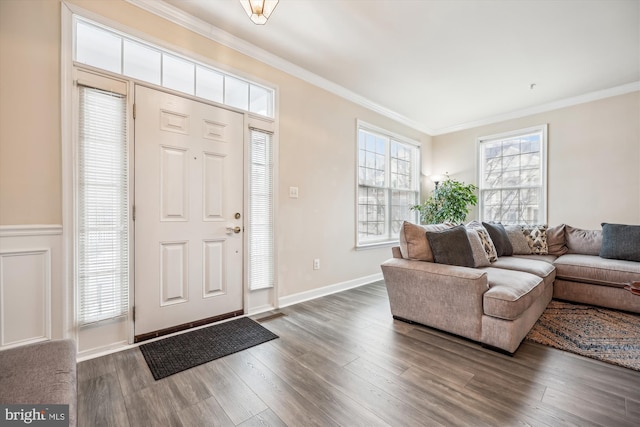 entrance foyer featuring dark hardwood / wood-style floors and ornamental molding