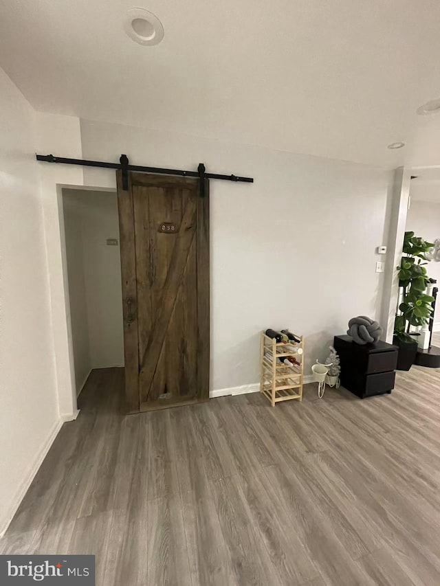 interior space with a barn door and wood-type flooring