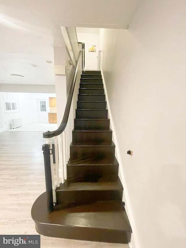 staircase with hardwood / wood-style flooring