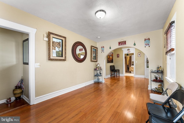 interior space featuring wood-type flooring and a textured ceiling