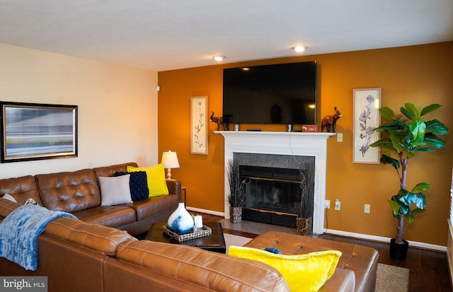 living area with wood finished floors, a fireplace with flush hearth, and baseboards