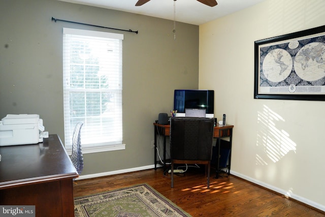 office area featuring baseboards, dark wood finished floors, and a ceiling fan