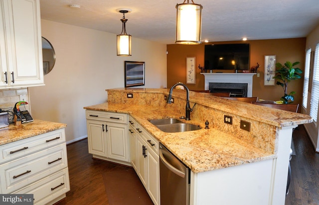 kitchen with dark wood-type flooring, a fireplace, a sink, decorative backsplash, and dishwasher