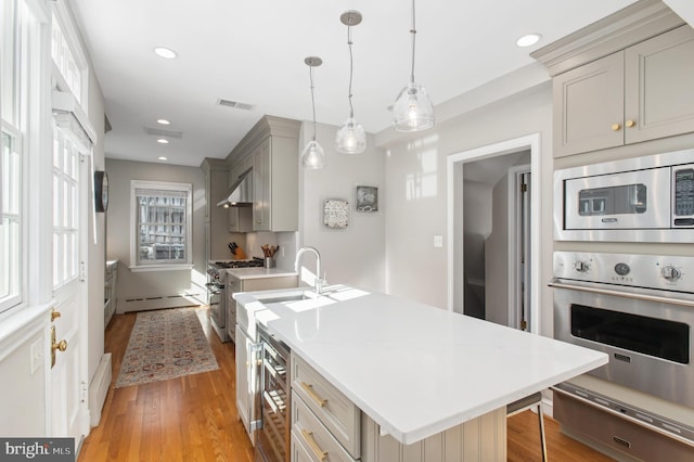 kitchen with a kitchen island with sink, stainless steel appliances, light countertops, under cabinet range hood, and a sink