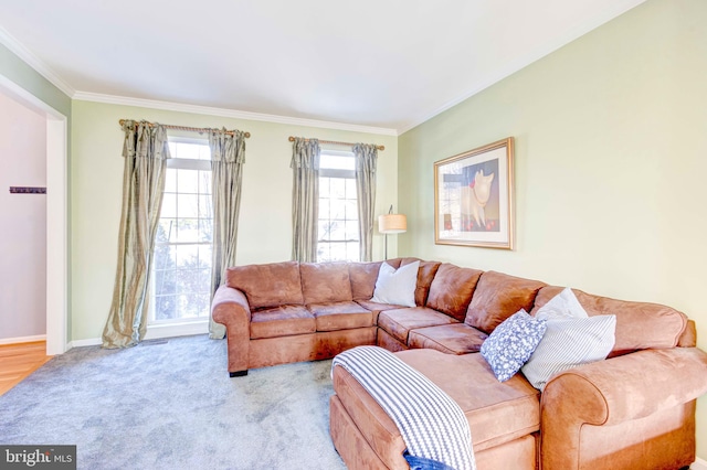 living room featuring crown molding and light colored carpet