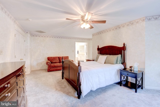 carpeted bedroom featuring ceiling fan