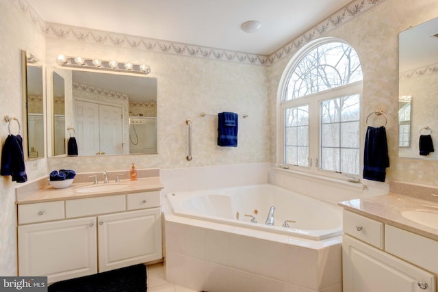 bathroom featuring vanity, separate shower and tub, and tile patterned flooring